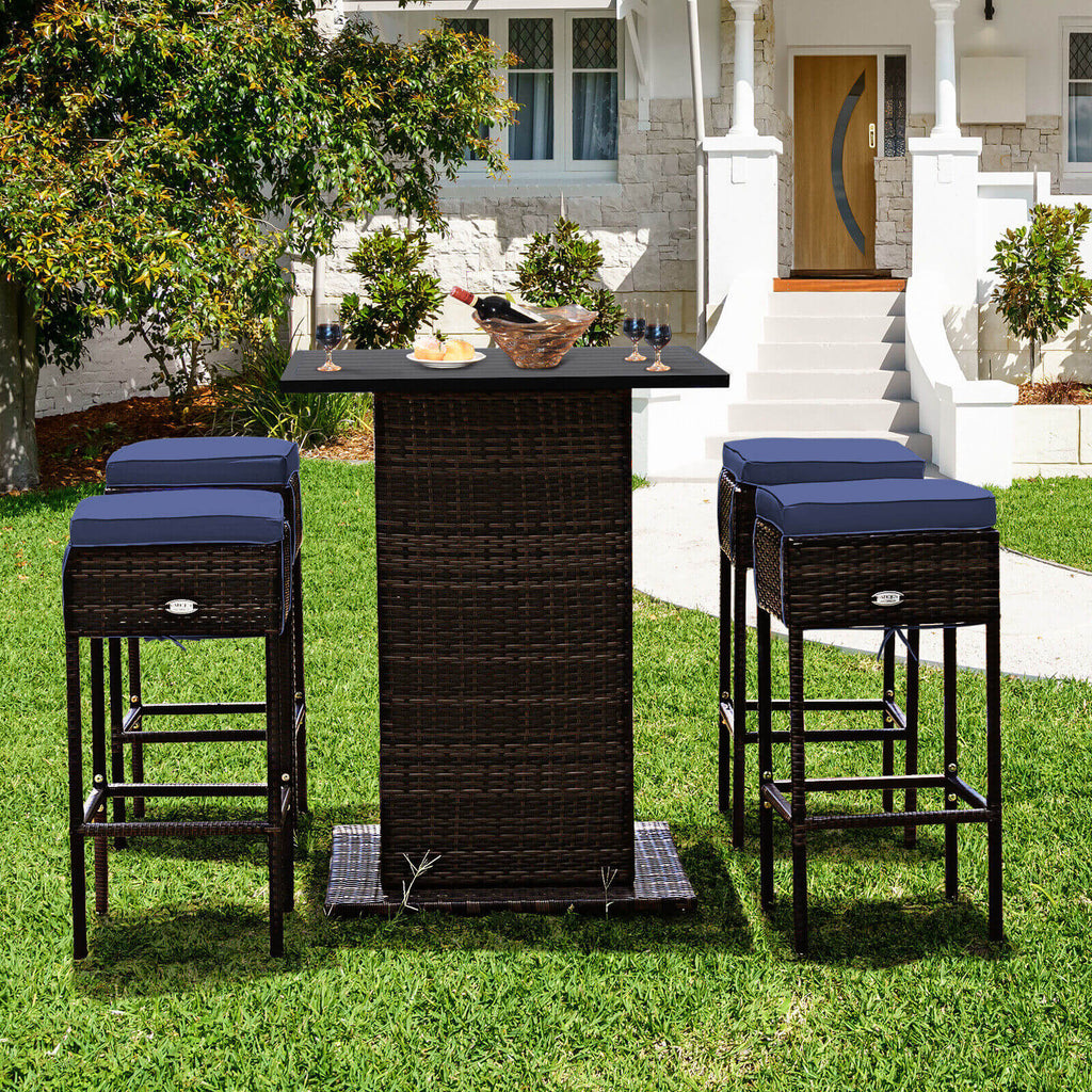 5 Pieces Patio Rattan Bar Furniture Set with Cushions and Hidden
