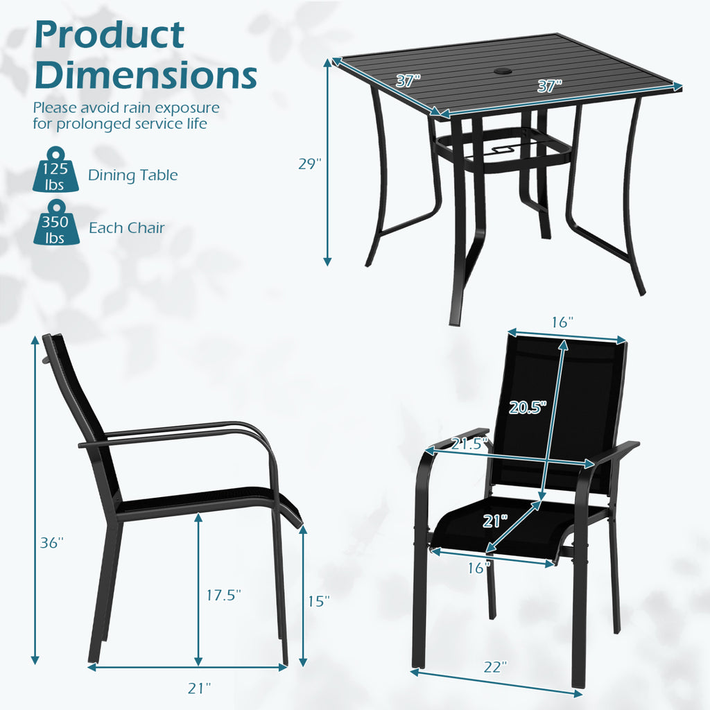 5-Piece Patio Dining Set, Square Table & Stackable Chairs, Black