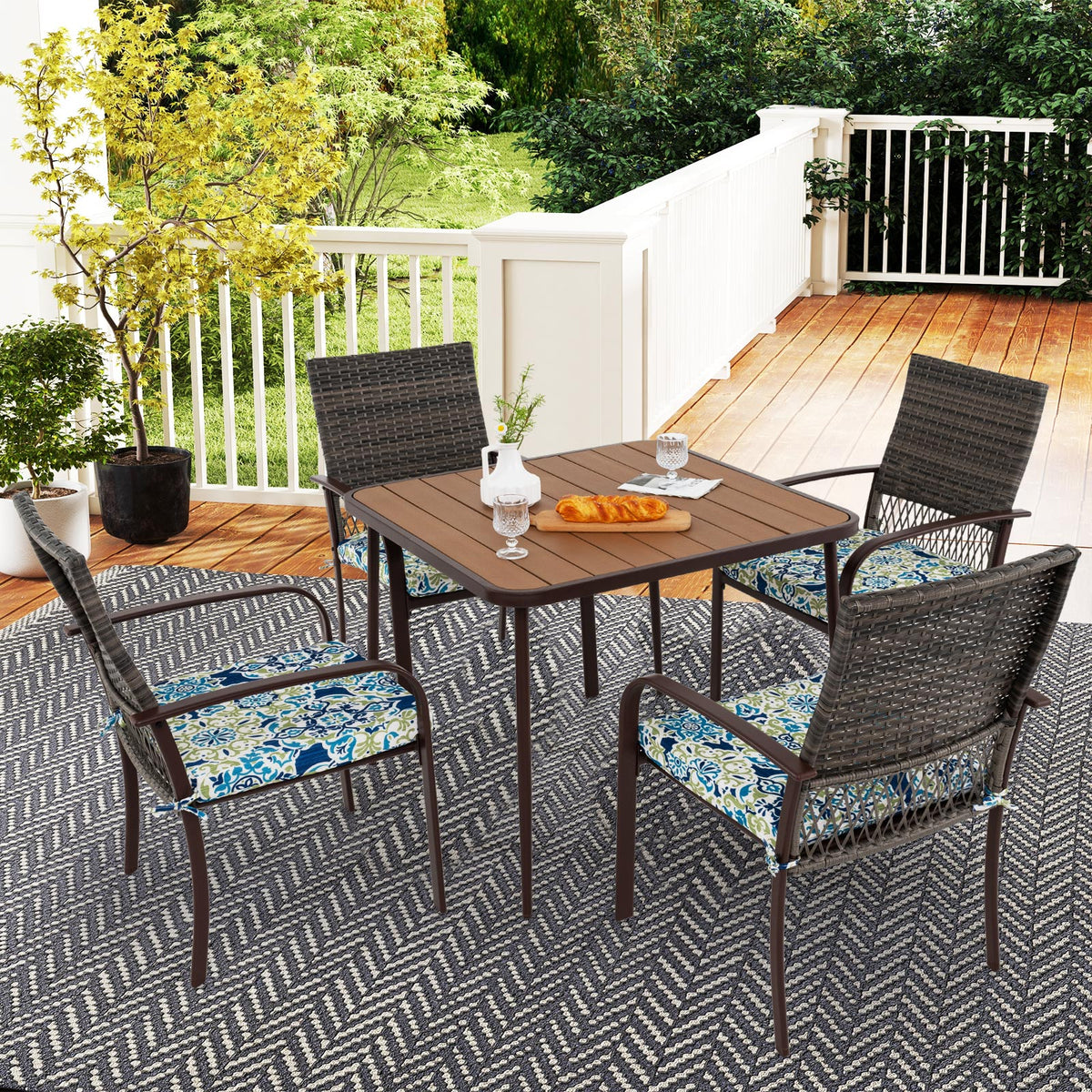 5-Piece Patio Dining Set with 4 Rattan Armchairs
