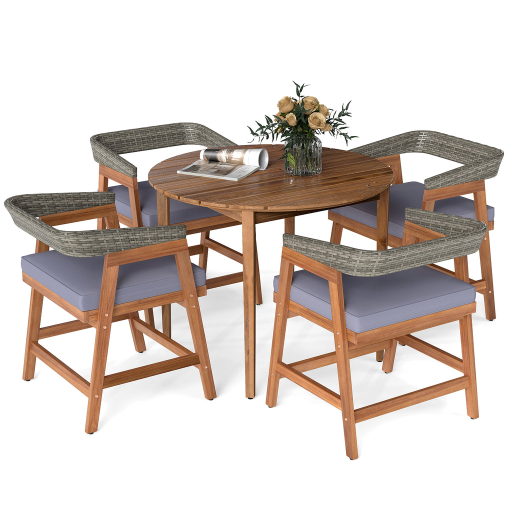 5 Pieces Patio Dining Set with Cushions and PE Rattan Backrest for