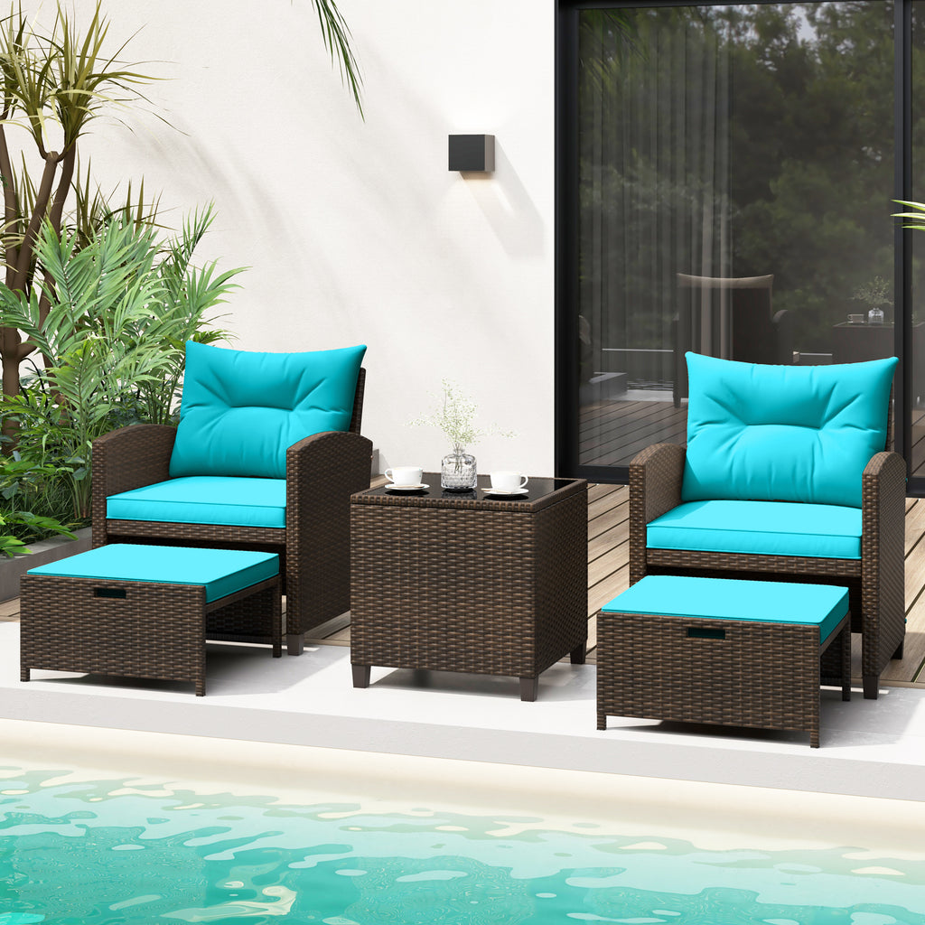 5 Pieces Patio Rattan Furniture with 2 Ottomans and Tempered Glass