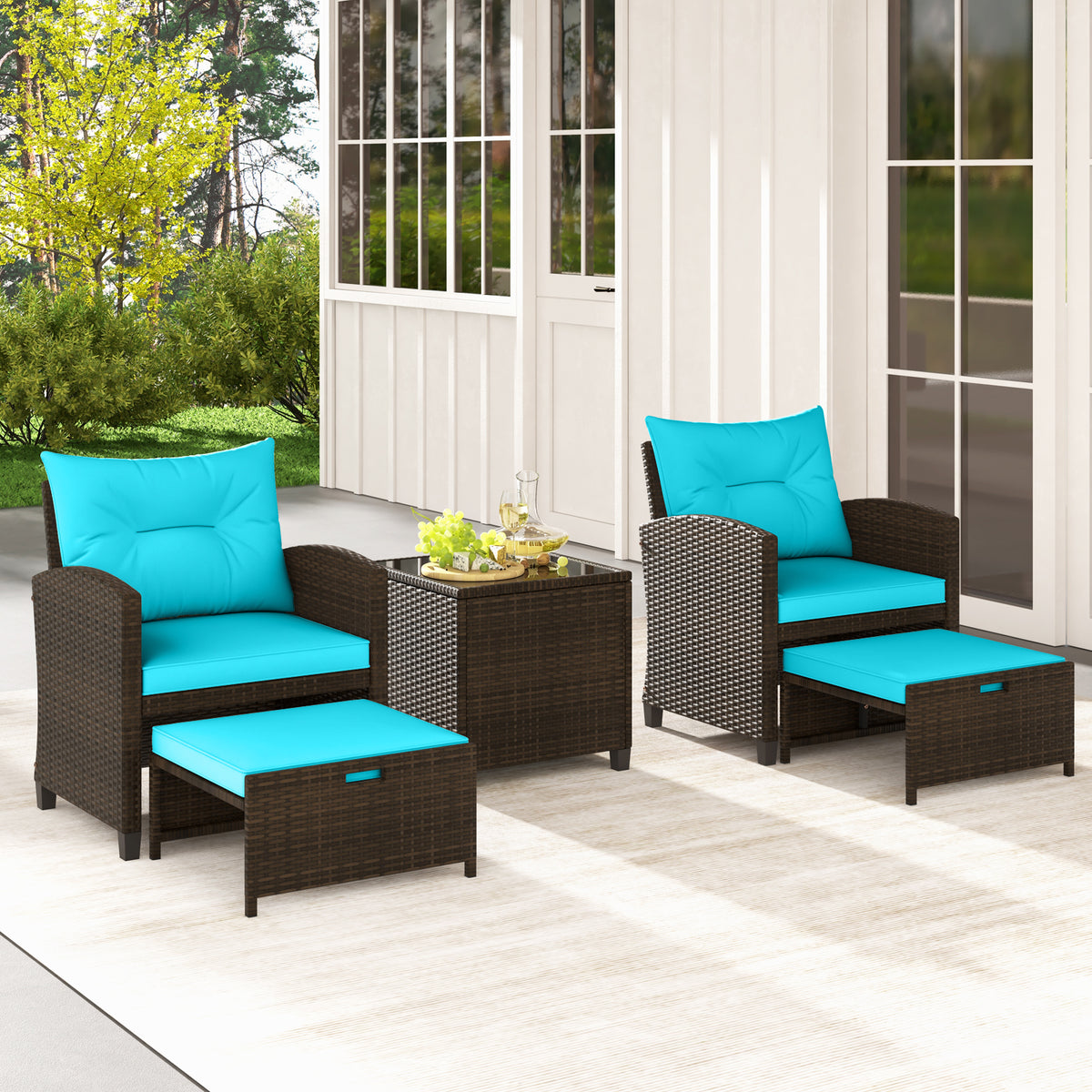 5 Pieces Patio Rattan Furniture with 2 Ottomans and Tempered Glass
