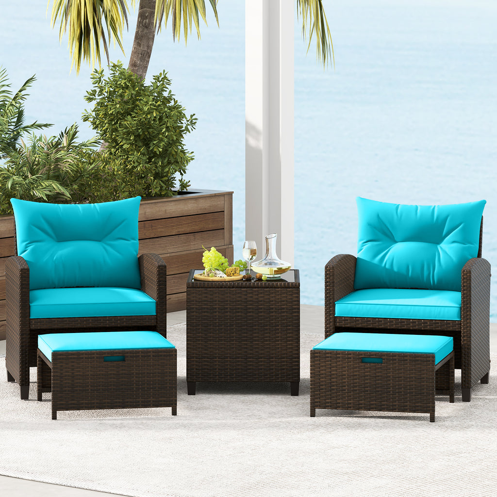5 Pieces Patio Rattan Furniture with 2 Ottomans and Tempered Glass