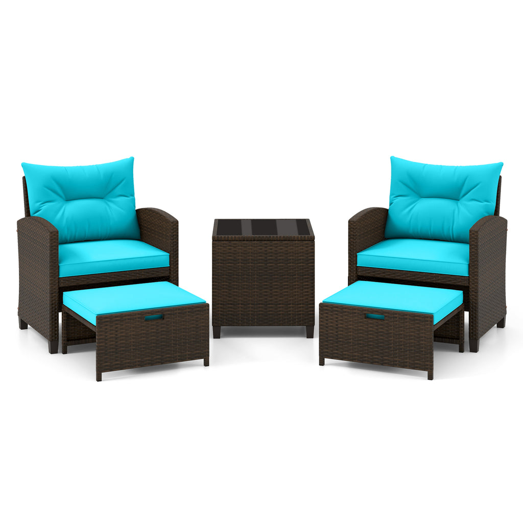 5 Pieces Patio Rattan Furniture with 2 Ottomans and Tempered Glass