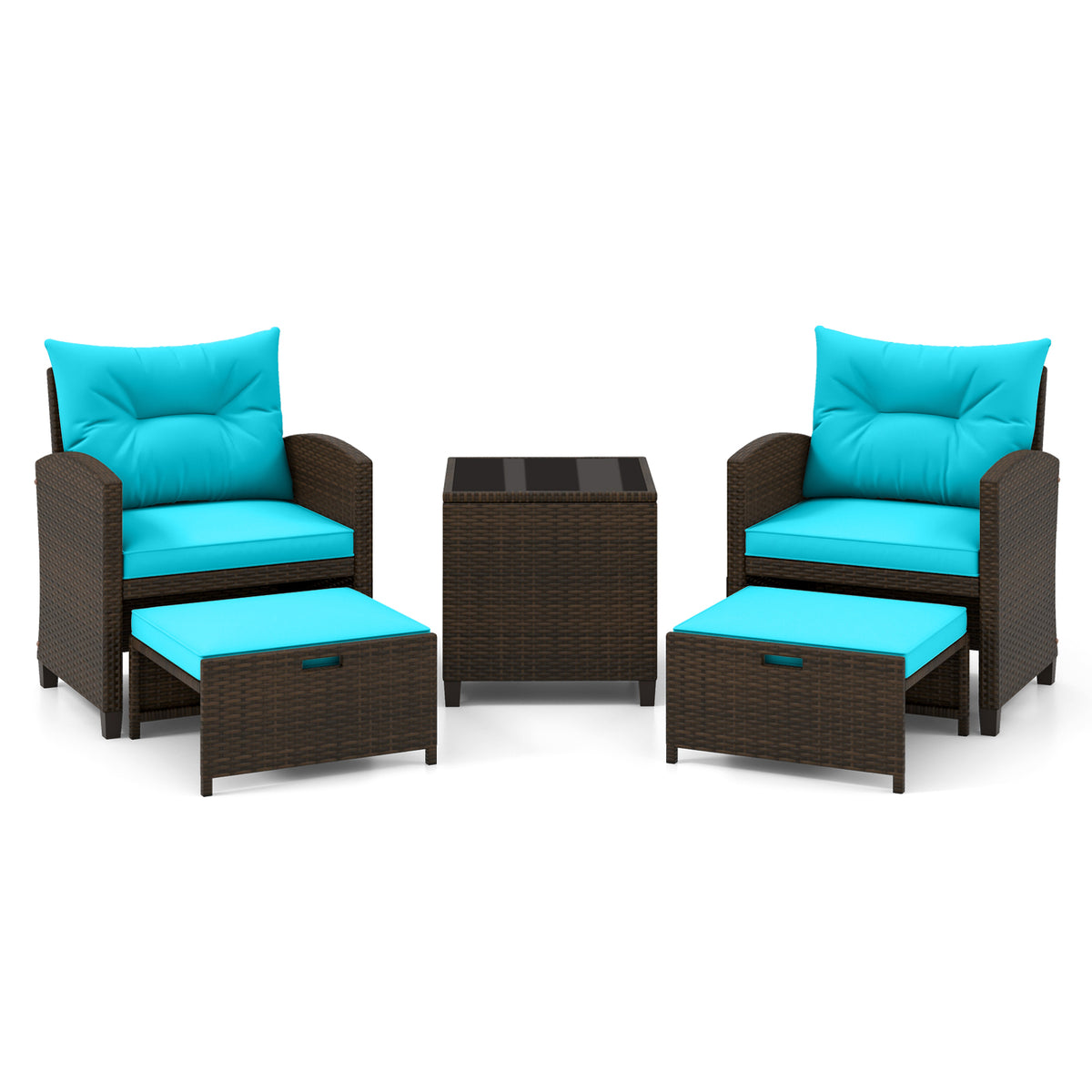 5 Pieces Patio Rattan Furniture with 2 Ottomans and Tempered Glass