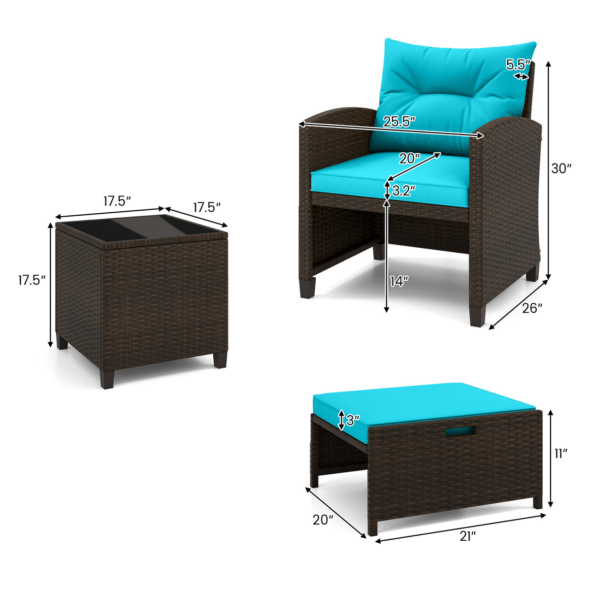 5 Pieces Patio Rattan Furniture with 2 Ottomans and Tempered Glass