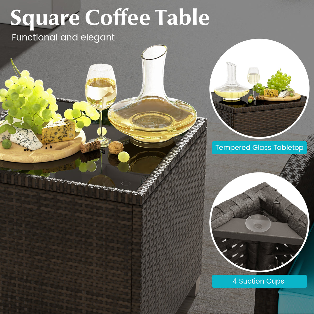5 Pieces Patio Rattan Furniture with 2 Ottomans and Tempered Glass