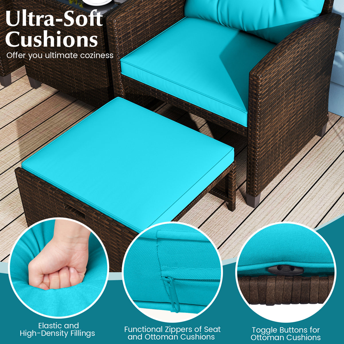 5 Pieces Patio Rattan Furniture with 2 Ottomans and Tempered Glass