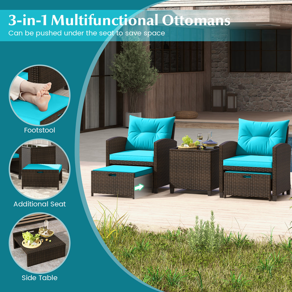 5 Pieces Patio Rattan Furniture with 2 Ottomans and Tempered Glass