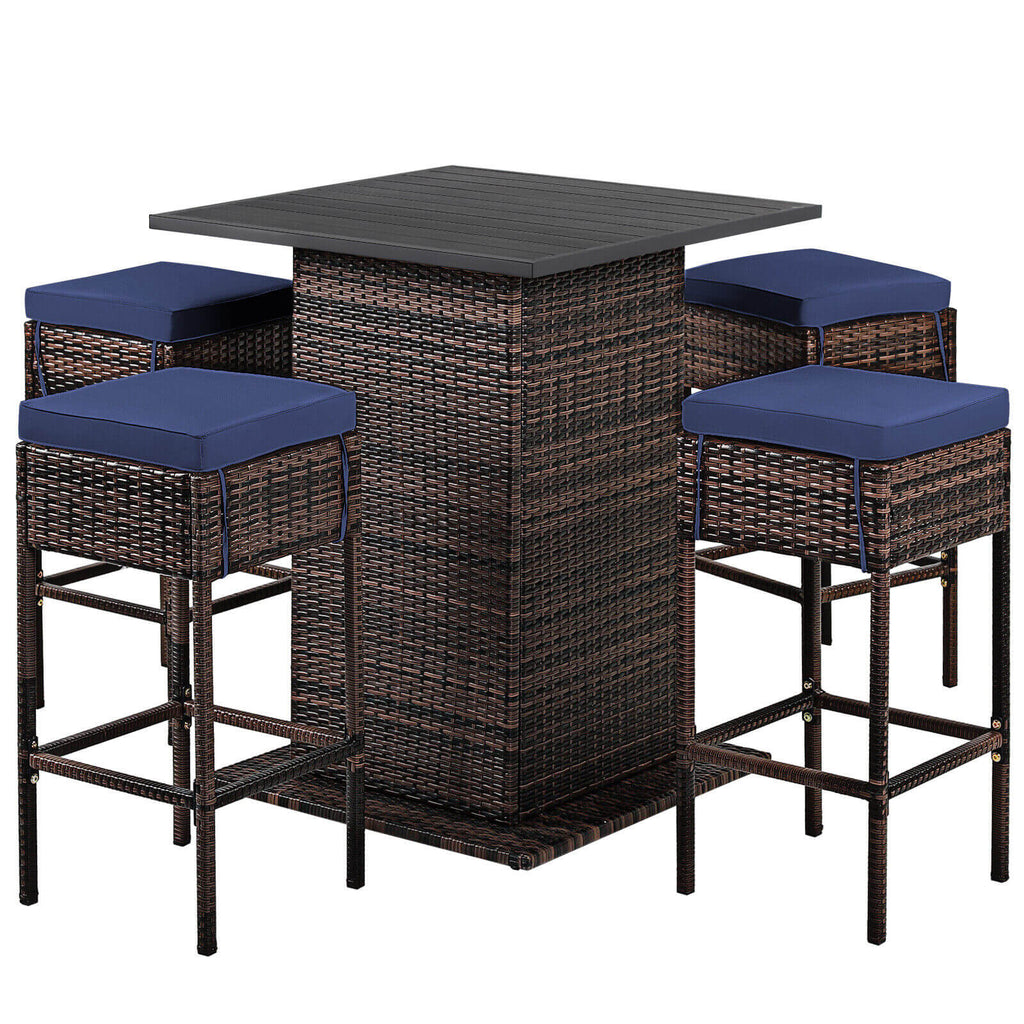 5 Pieces Patio Rattan Bar Furniture Set with Cushions and Hidden