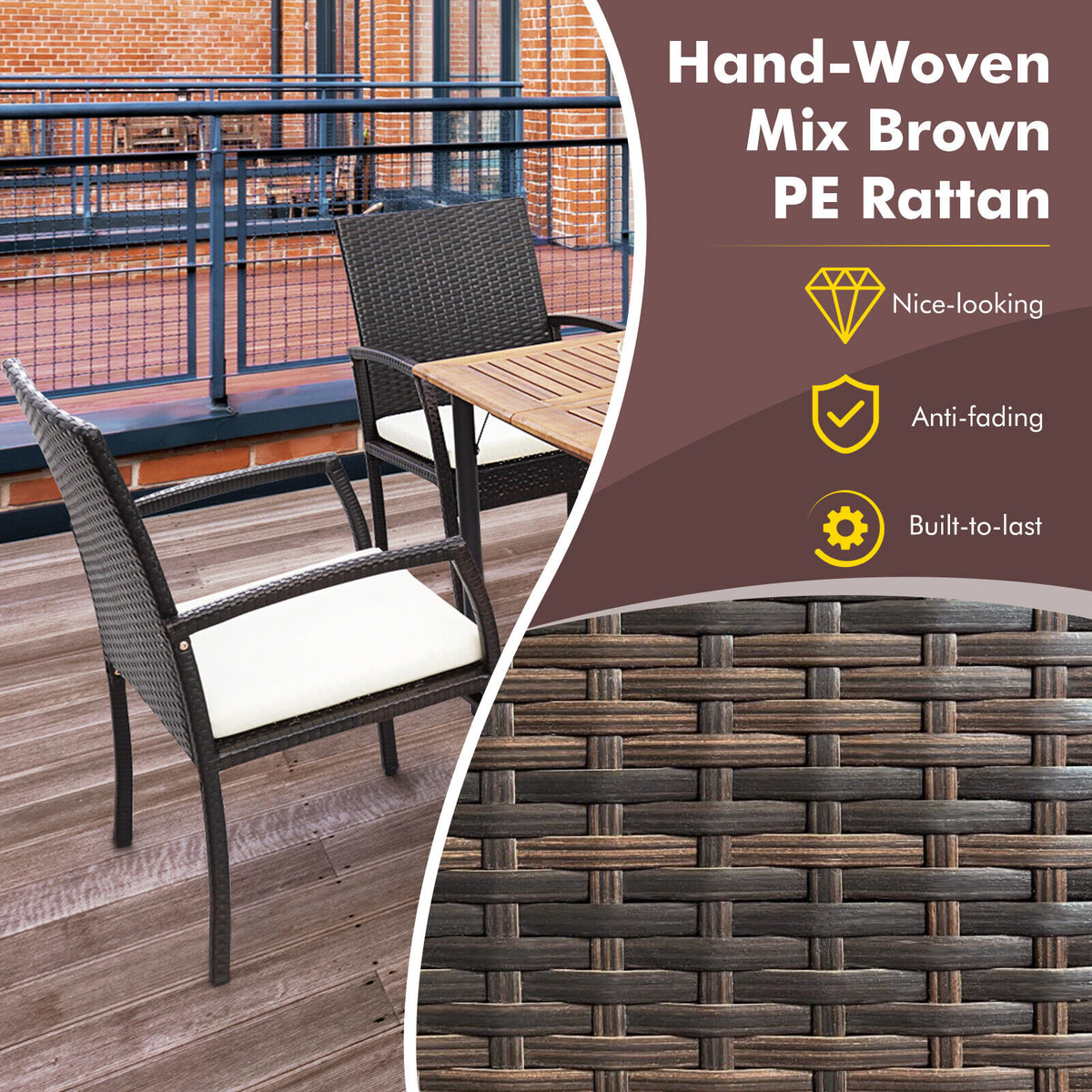 5-Piece Patio Dining Set with Cushions - Acacia Wood & PE Rattan