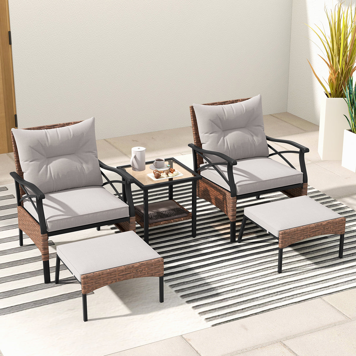 5 Pieces Wicker Patio Furniture Set Ottomans and Cushions 2-Tier