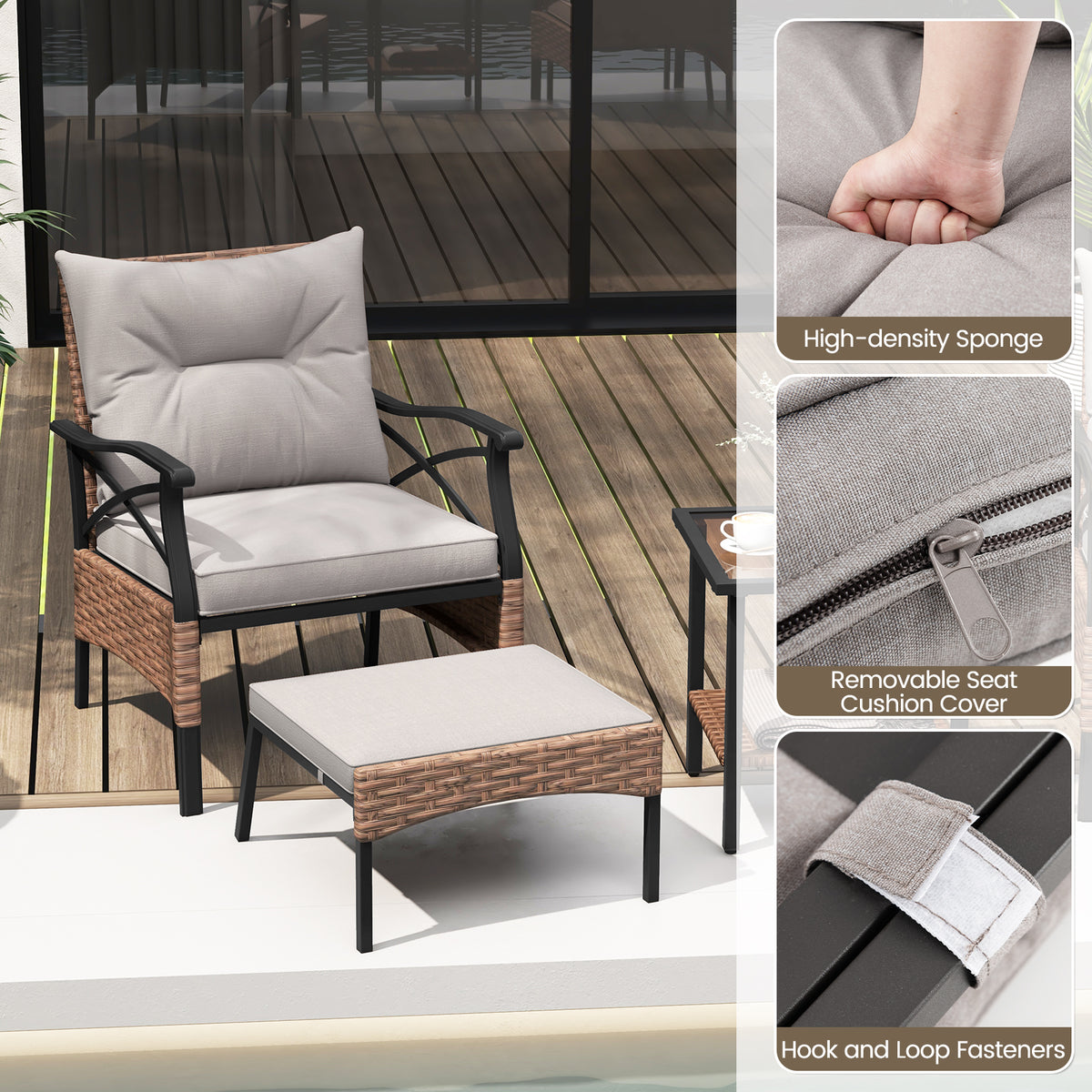 5 Pieces Wicker Patio Furniture Set Ottomans and Cushions 2-Tier