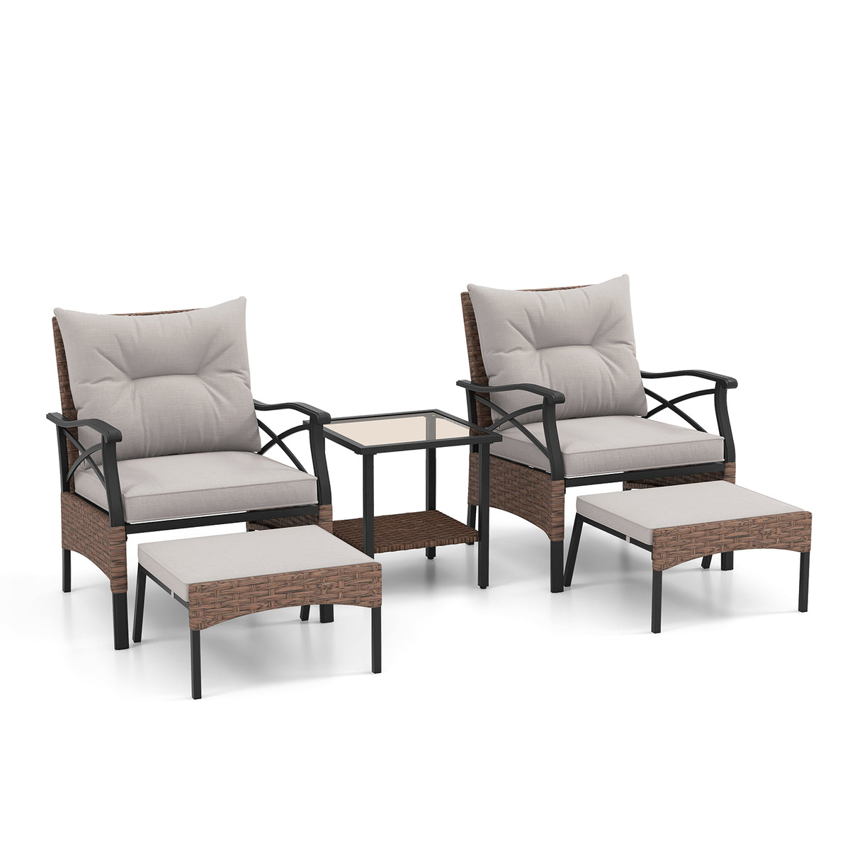 5 Pieces Wicker Patio Furniture Set Ottomans and Cushions 2-Tier