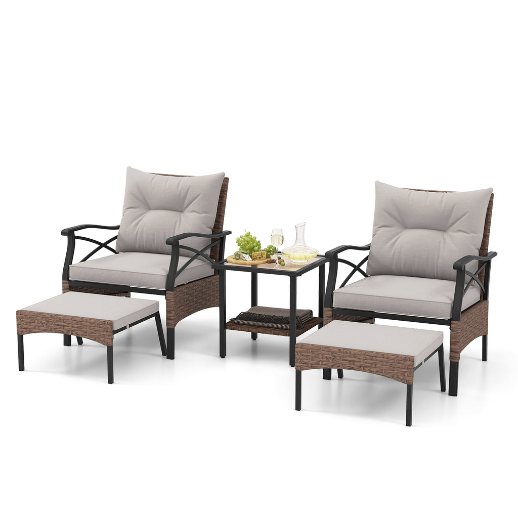 5 Pieces Wicker Patio Furniture Set Ottomans and Cushions 2-Tier