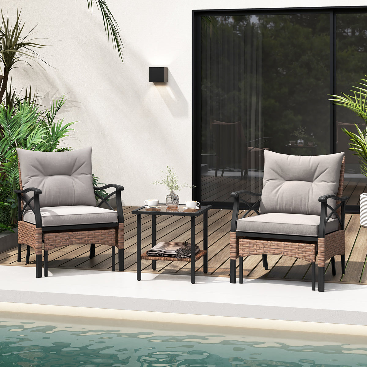 5 Pieces Wicker Patio Furniture Set Ottomans and Cushions 2-Tier
