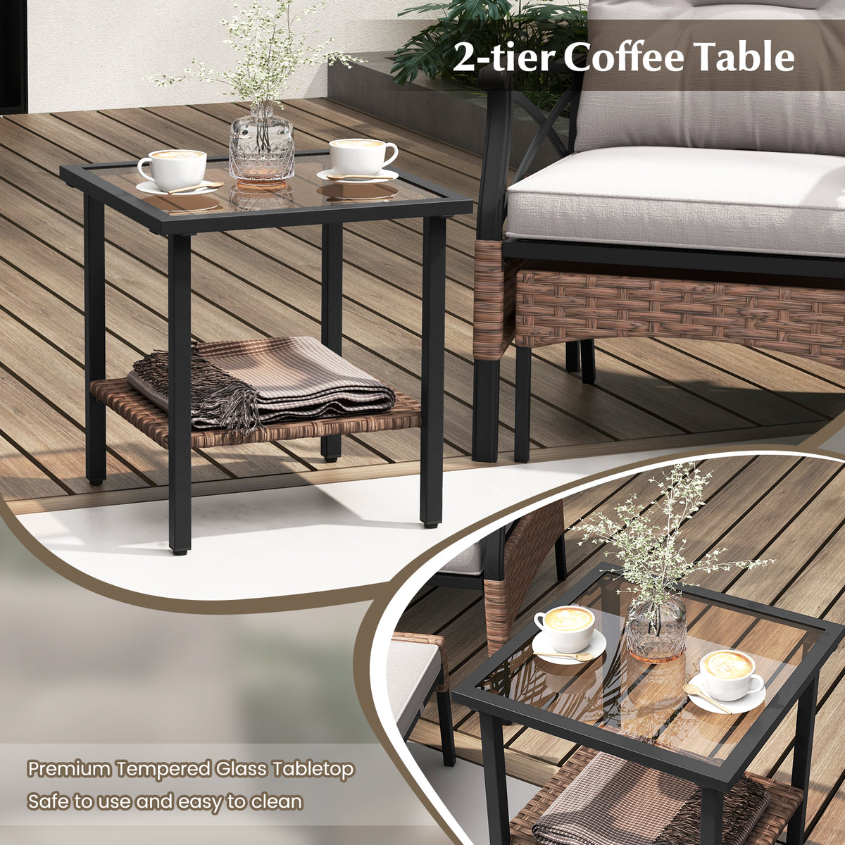 5 Pieces Wicker Patio Furniture Set Ottomans and Cushions 2-Tier