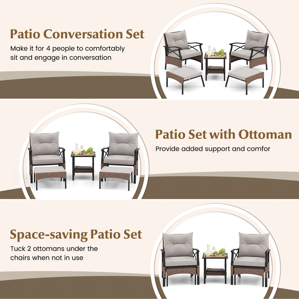 5 Pieces Wicker Patio Furniture Set Ottomans and Cushions 2-Tier