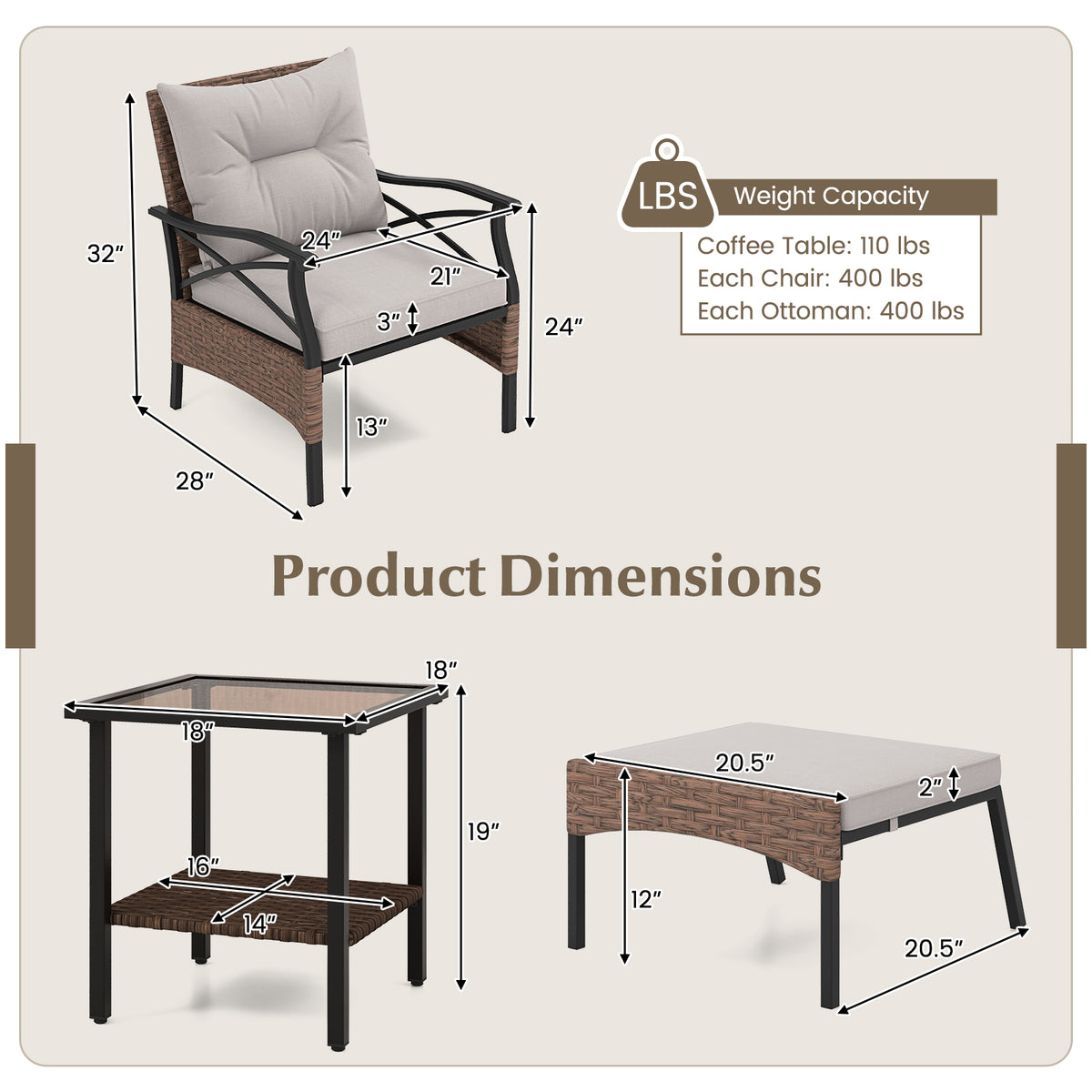 5 Pieces Wicker Patio Furniture Set Ottomans and Cushions 2-Tier