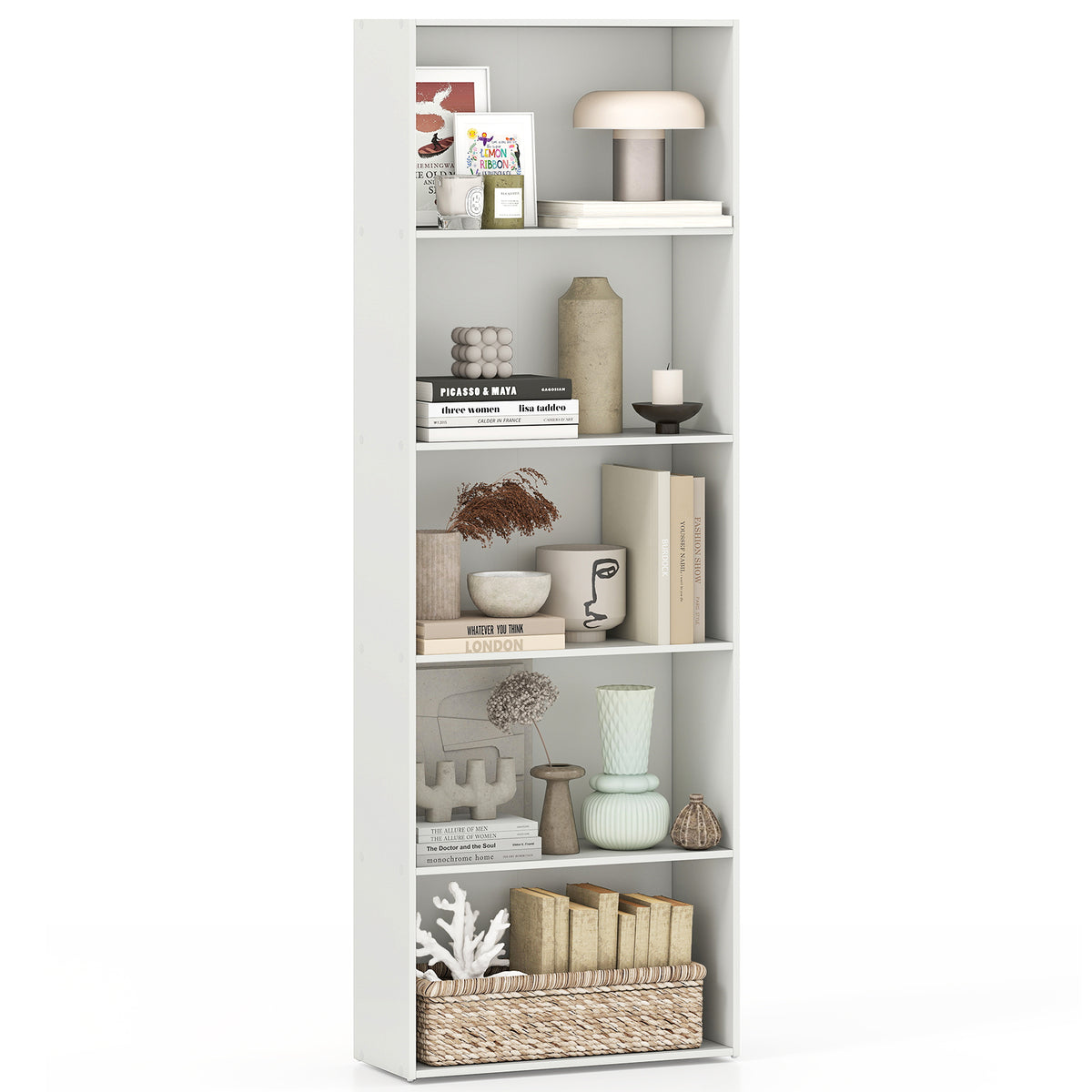 5-Shelf Wood Bookcase for Home Office - White
