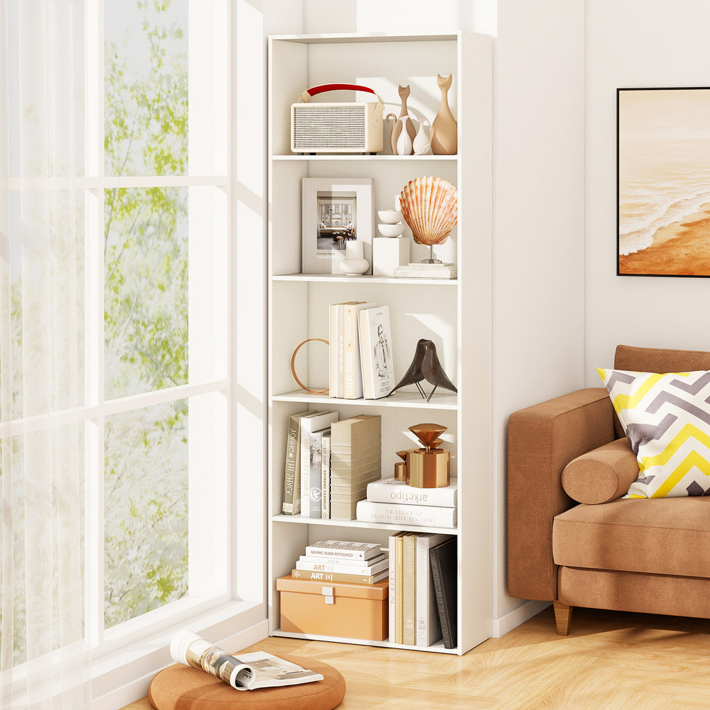 5-Shelf Wood Bookcase for Home Office - White