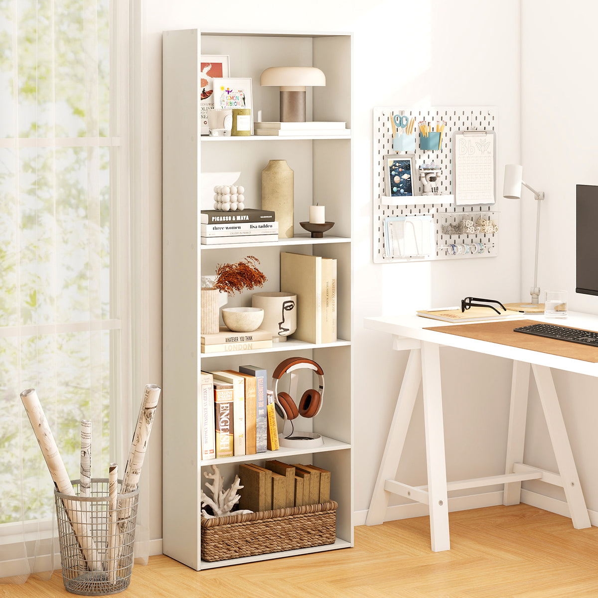 5-Shelf Wood Bookcase for Home Office - White