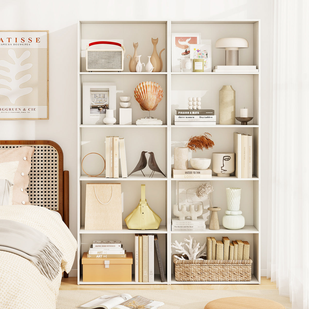 5-Shelf Wood Bookcase for Home Office - White