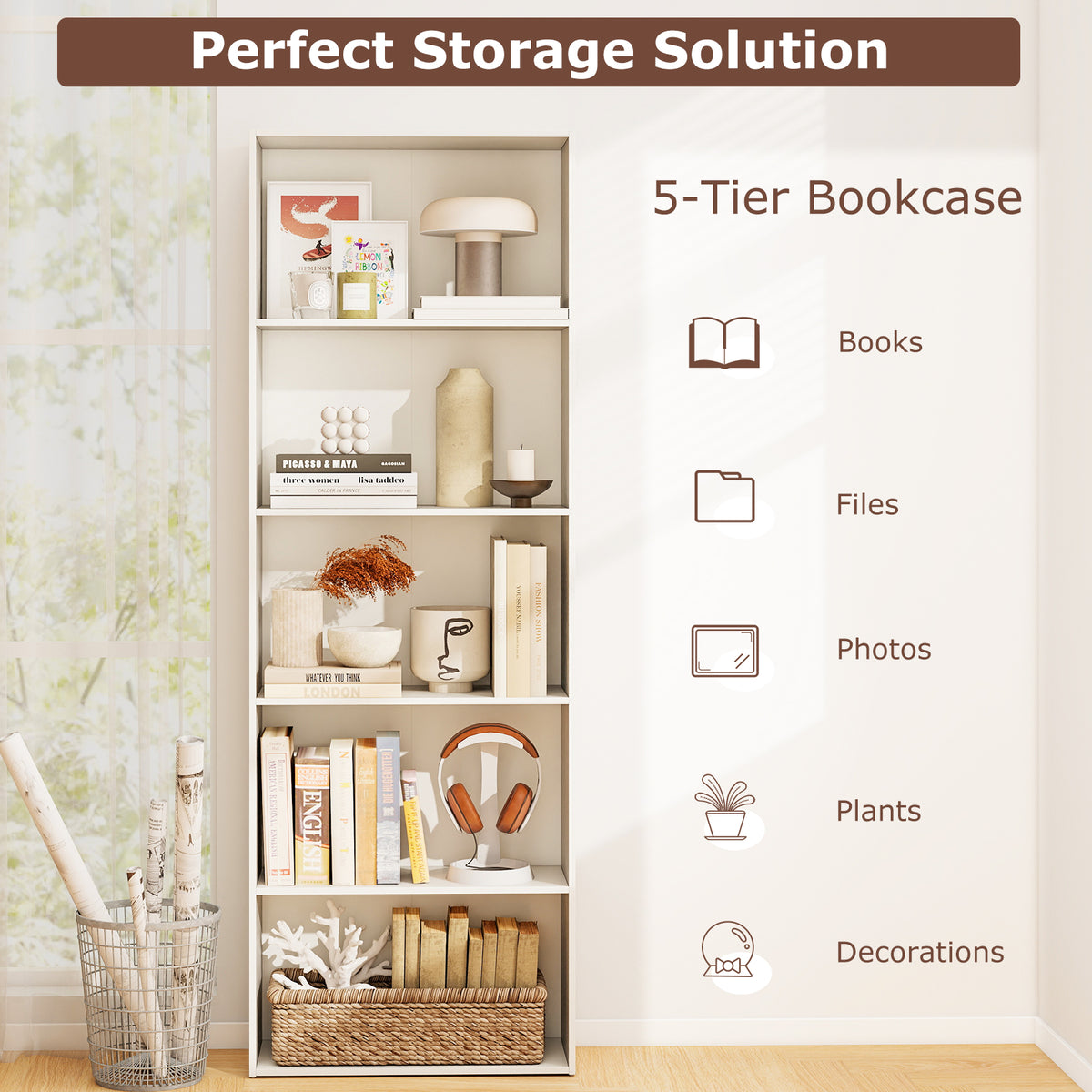5-Shelf Wood Bookcase for Home Office - White