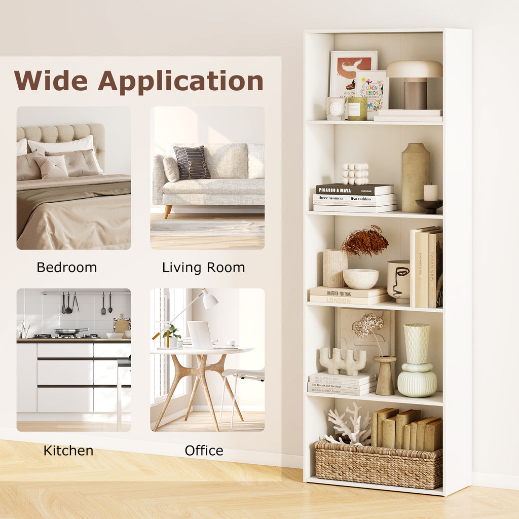 5-Shelf Wood Bookcase for Home Office - White
