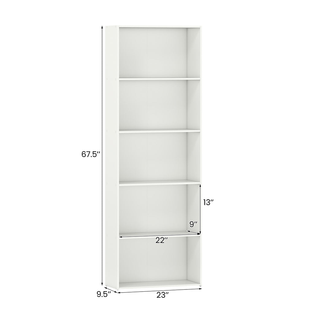 5-Shelf Wood Bookcase for Home Office - White