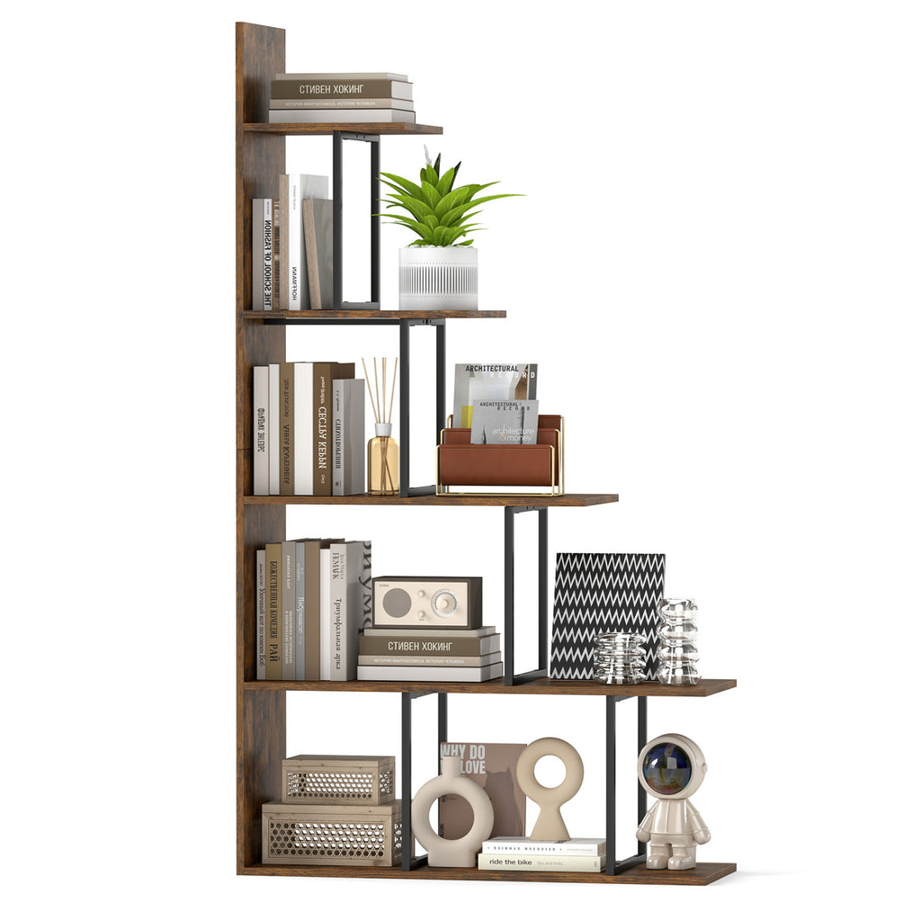5-Tier 62 Inch Bookshelf with Metal Frame - Rustic Brown