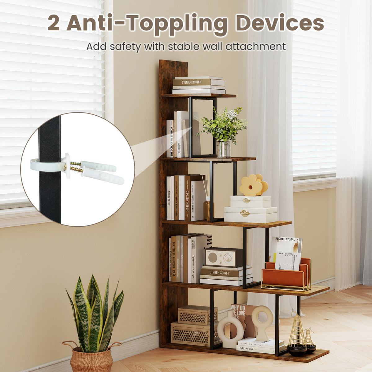5-Tier 62 Inch Bookshelf with Metal Frame - Rustic Brown