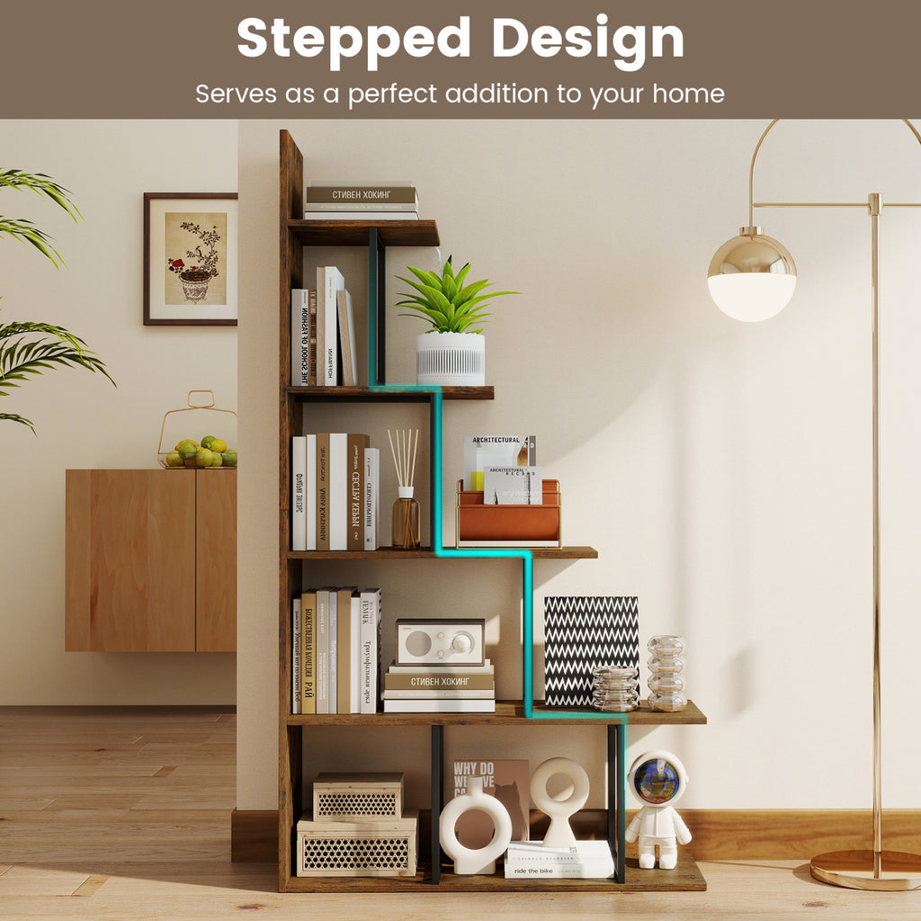 5-Tier 62 Inch Bookshelf with Metal Frame - Rustic Brown