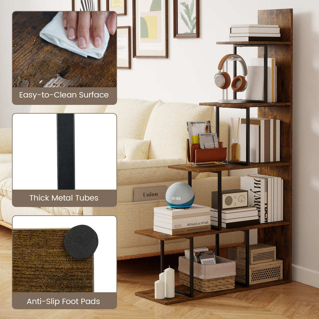 5-Tier 62 Inch Bookshelf with Metal Frame - Rustic Brown