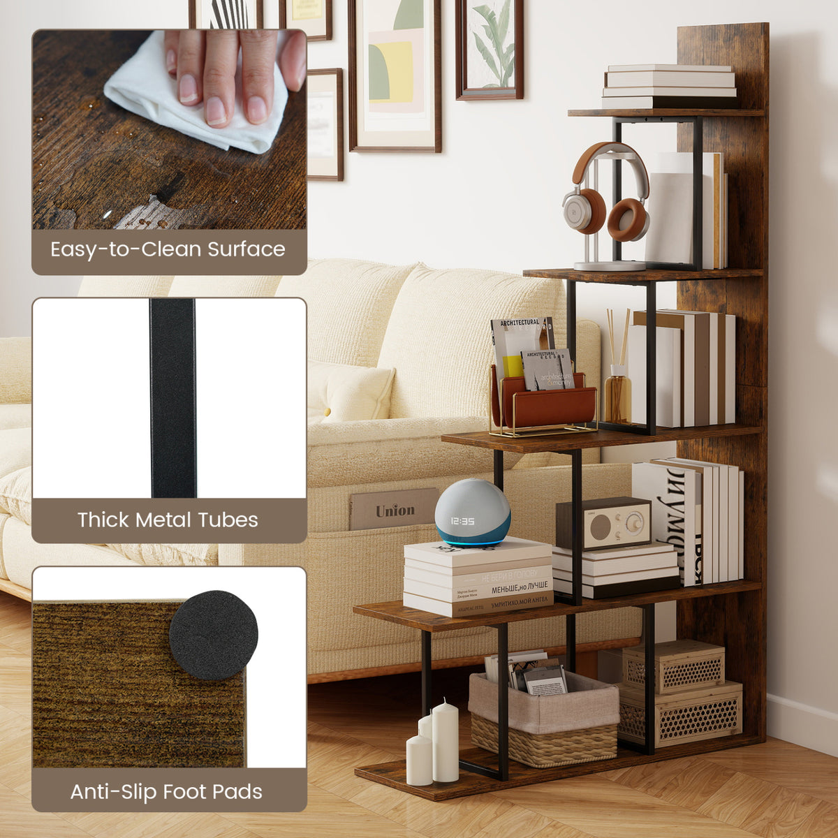 5-Tier 62 Inch Bookshelf with Metal Frame - Rustic Brown