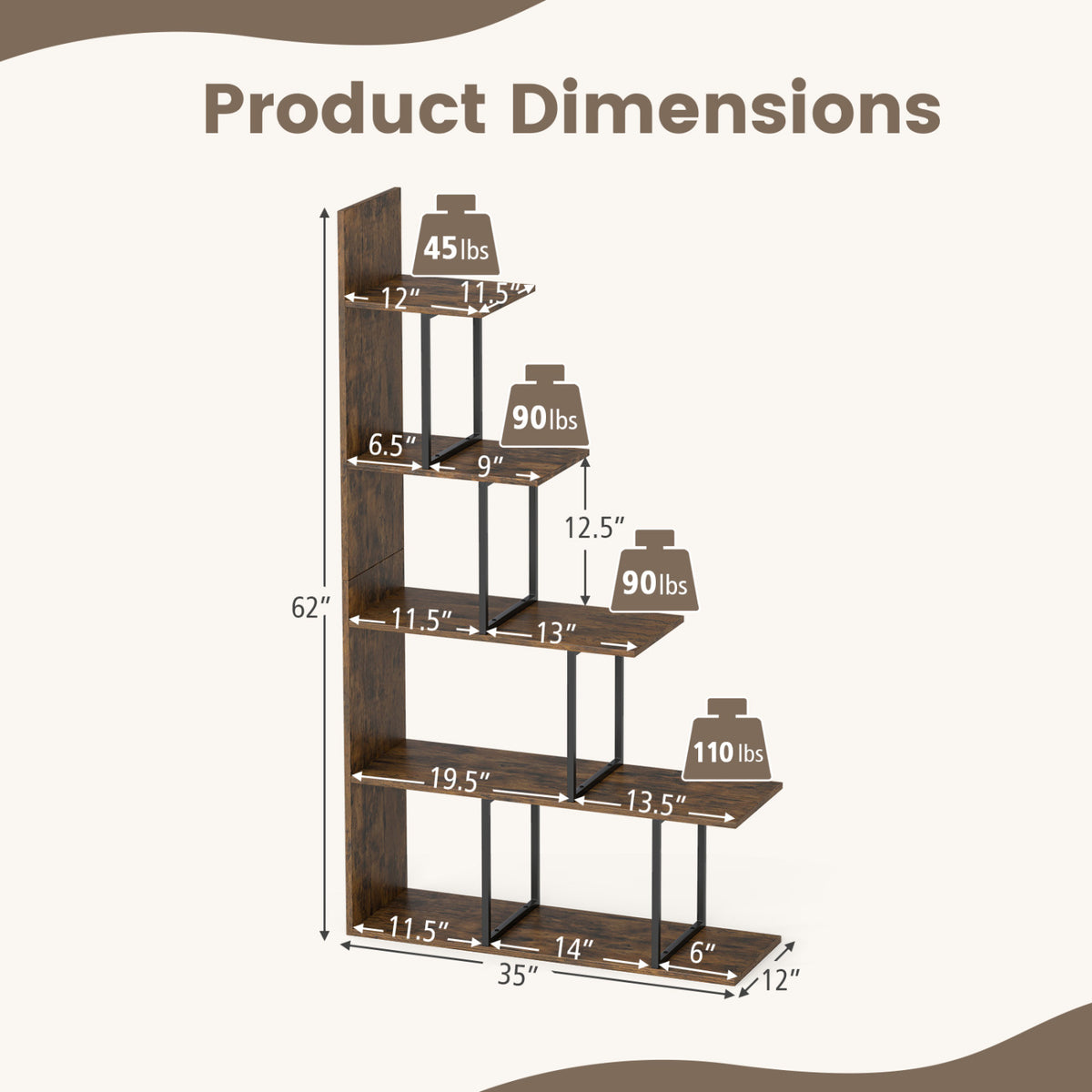 5-Tier 62 Inch Tall Stepped Bookshelf with Heavy Duty Metal Frame