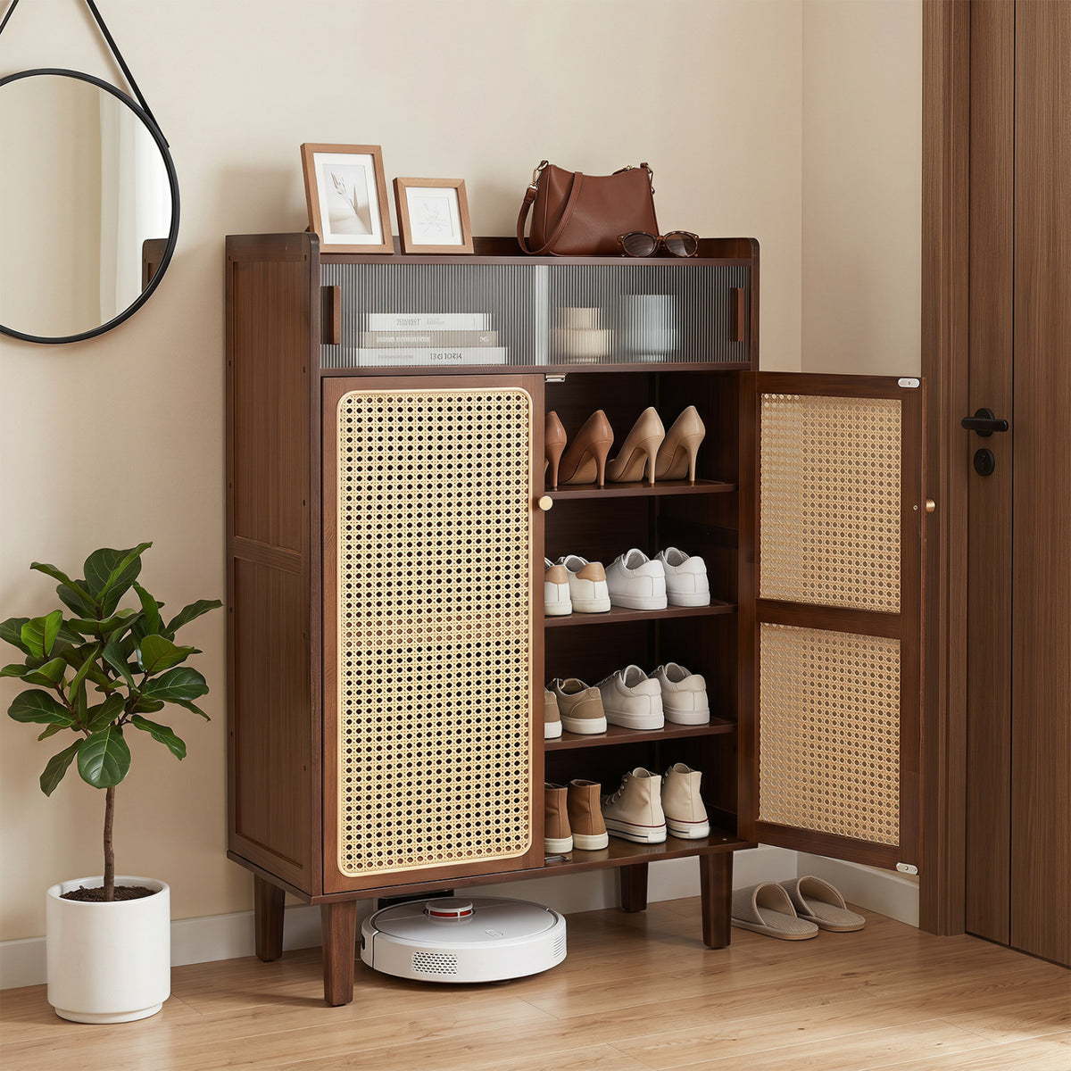 5-Tier Bamboo Shoe Cabinet with Woven Rattan Doors and Sliding for
