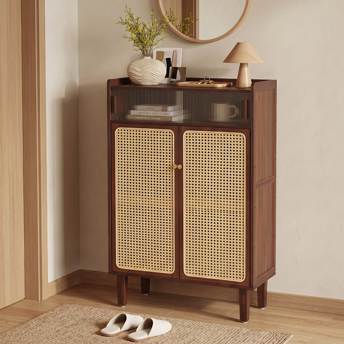 5-Tier Bamboo Shoe Cabinet with Woven Rattan Doors and Sliding for