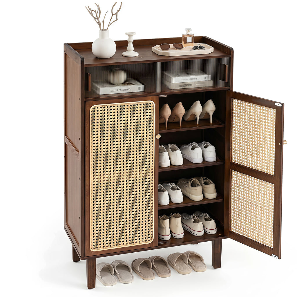 5-Tier Bamboo Shoe Cabinet with Woven Rattan Doors and Sliding for