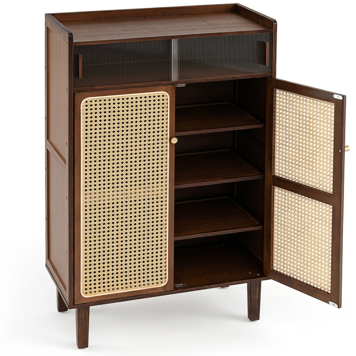 5-Tier Bamboo Shoe Cabinet with Woven Rattan Doors and Sliding for