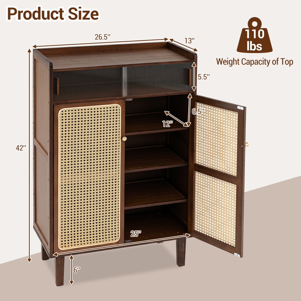 5-Tier Bamboo Shoe Cabinet with Woven Rattan Doors and Sliding for