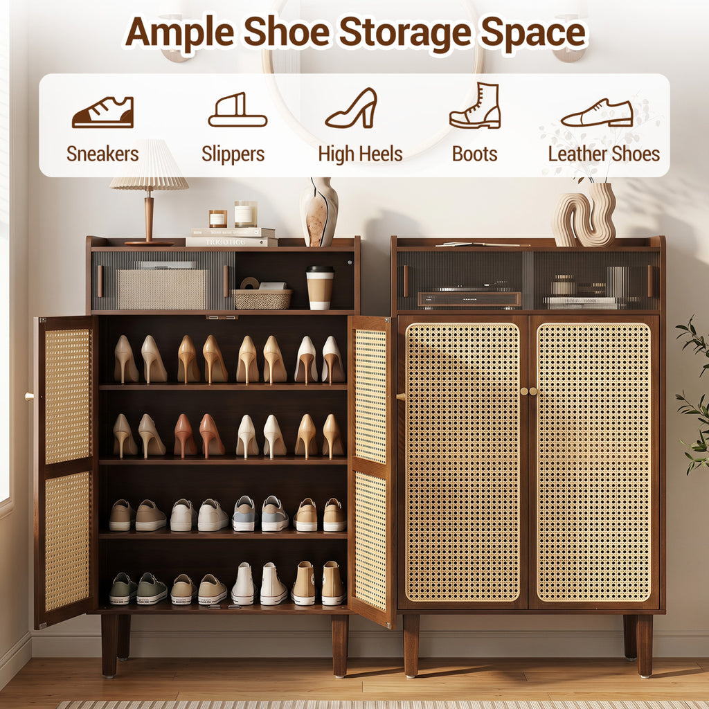 5-Tier Bamboo Shoe Cabinet with Woven Rattan Doors and Sliding for
