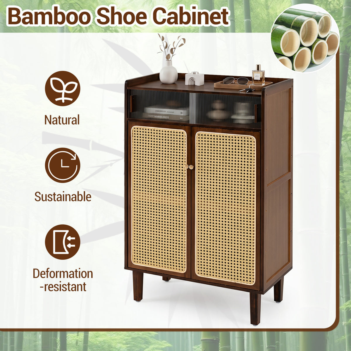 5-Tier Bamboo Shoe Cabinet with Woven Rattan Doors and Sliding for
