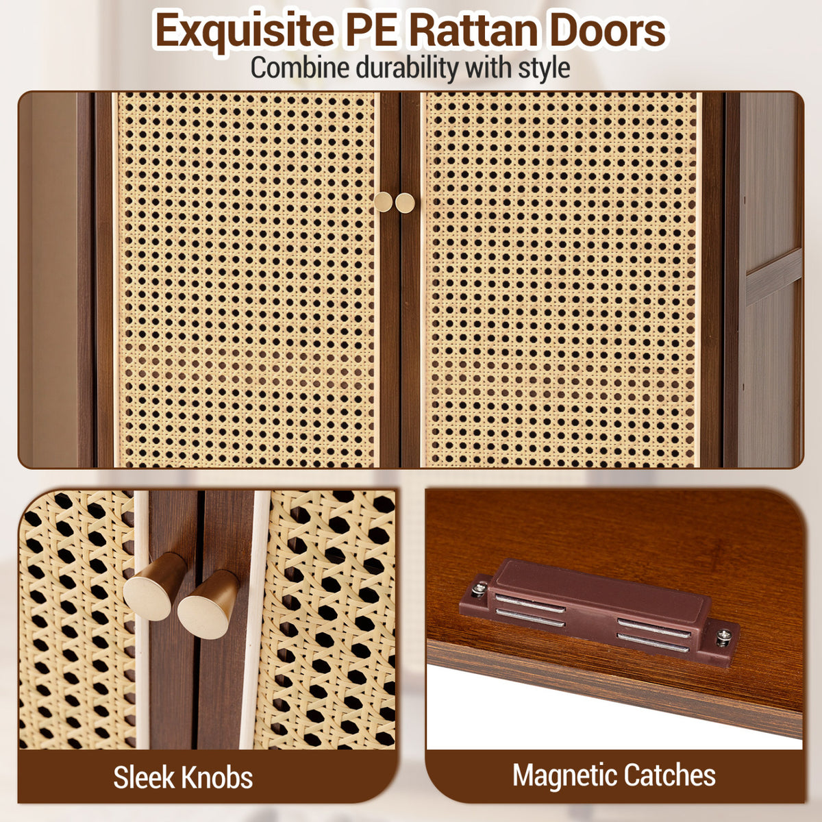 5-Tier Bamboo Shoe Cabinet with Woven Rattan Doors and Sliding for