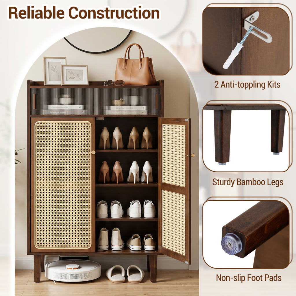 5-Tier Bamboo Shoe Cabinet with Woven Rattan Doors and Sliding for