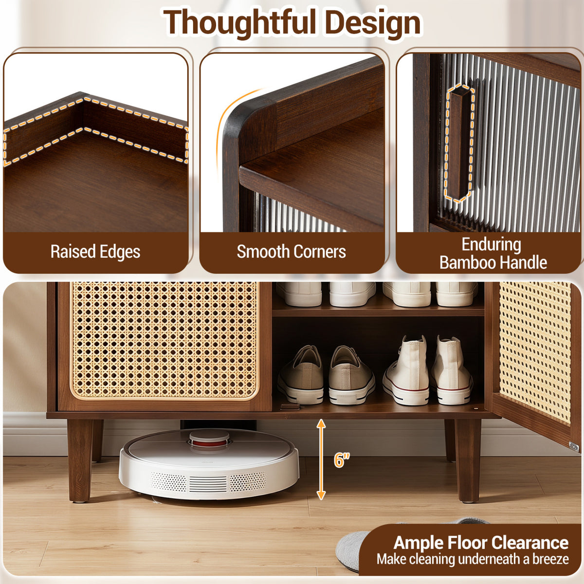 5-Tier Bamboo Shoe Cabinet with Woven Rattan Doors and Sliding for