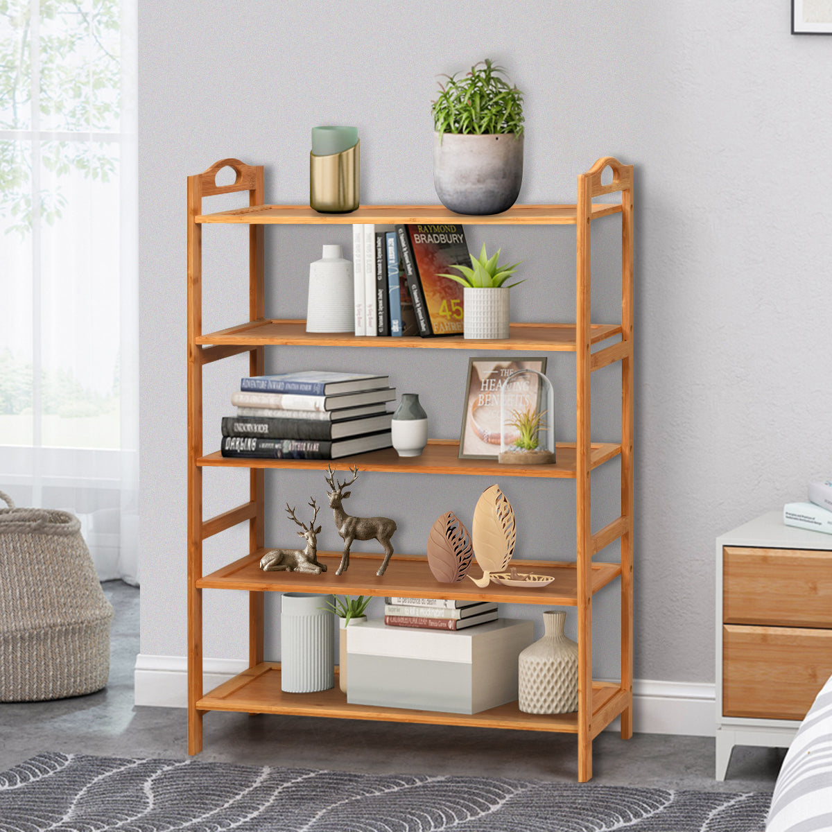 5 Tier Bamboo Shoe Rack with Two Rounded Handle for 15 Pairs