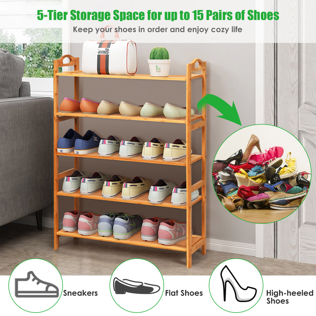 5 Tier Bamboo Shoe Rack with Two Rounded Handle for 15 Pairs