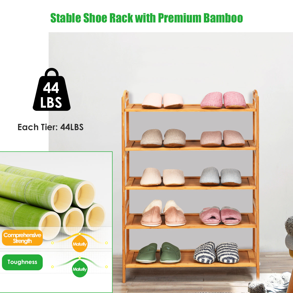 5 Tier Bamboo Shoe Rack with Two Rounded Handle for 15 Pairs