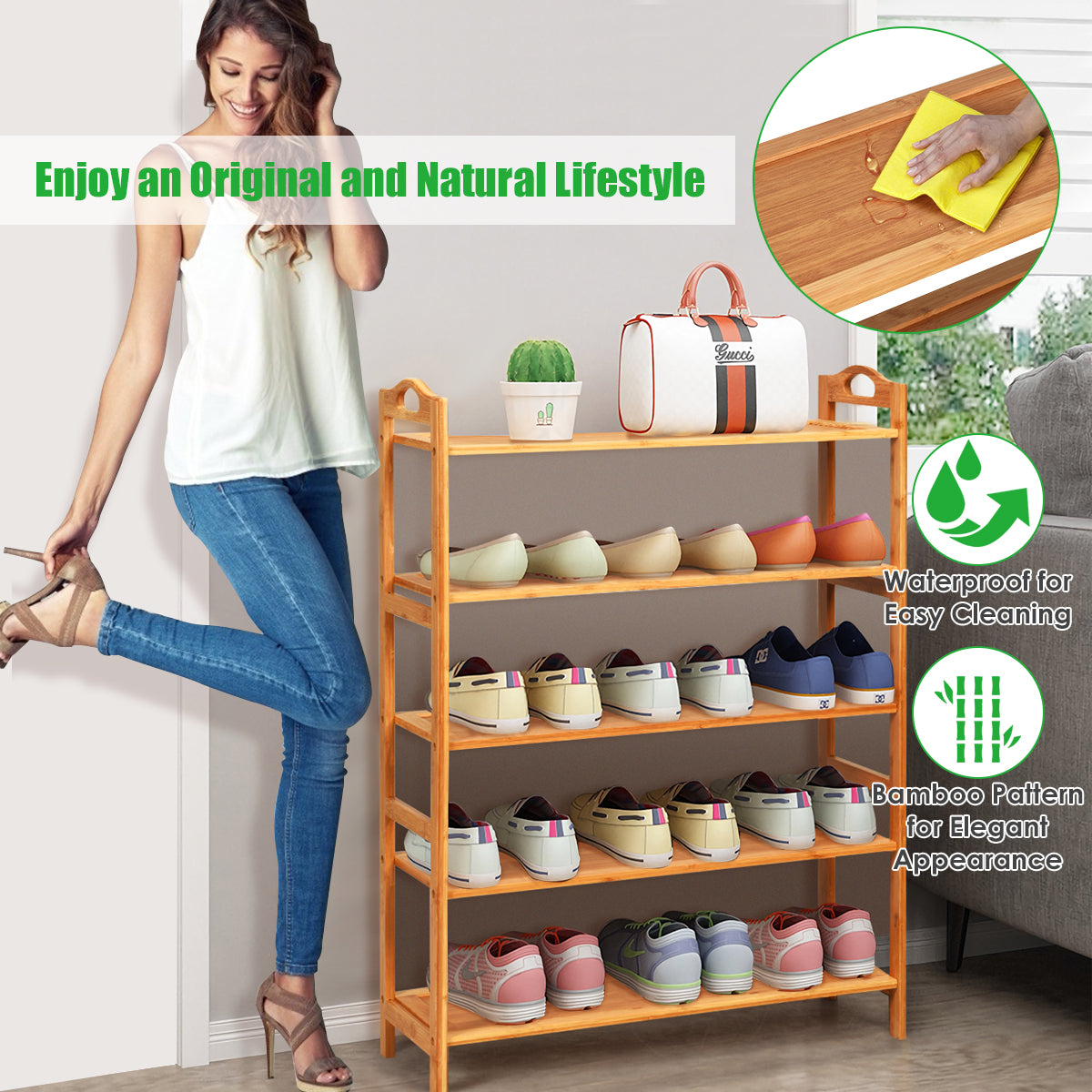 5 Tier Bamboo Shoe Rack with Two Rounded Handle for 15 Pairs